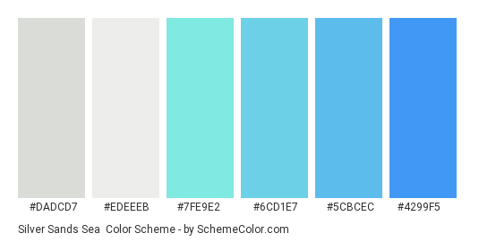 Silver Sands Sea - Color scheme palette thumbnail - #dadcd7 #edeeeb #7fe9e2 #6cd1e7 #5cbcec #4299f5 