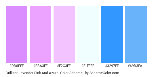 Brilliant Lavender Pink and Azure - Color scheme palette thumbnail - #db8eff #eba3ff #f2c3ff #f1feff #3297fe #69b3fa 