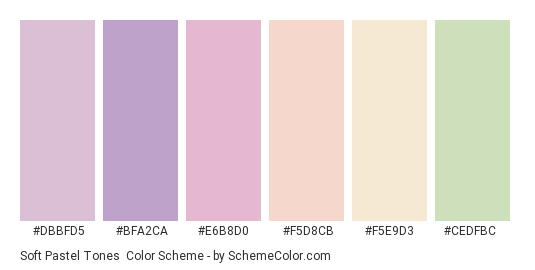 Soft Pastel Tones - Color scheme palette thumbnail - #dbbfd5 #bfa2ca #e6b8d0 #f5d8cb #f5e9d3 #cedfbc 