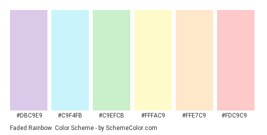 Faded Rainbow - Color scheme palette thumbnail - #dbc9e9 #c9f4fb #c9efcb #fffac9 #ffe7c9 #fdc9c9 