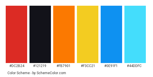 Sounds from the Street - Color scheme palette thumbnail - #dc2b24 #121219 #fb7901 #f3cc21 #0e91f1 #44ddfc 