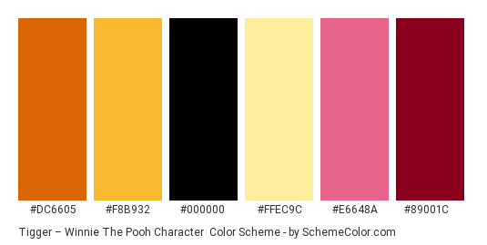 Tigger – Winnie the Pooh Character - Color scheme palette thumbnail - #dc6605 #f8b932 #000000 #ffec9c #e6648a #89001c 