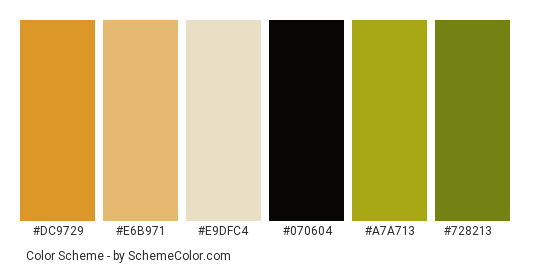 Jaguar Stakling - Color scheme palette thumbnail - #dc9729 #e6b971 #e9dfc4 #070604 #a7a713 #728213 