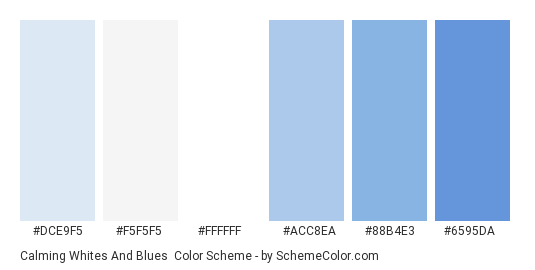 Calming Whites and Blues - Color scheme palette thumbnail - #dce9f5 #f5f5f5 #ffffff #acc8ea #88b4e3 #6595da 