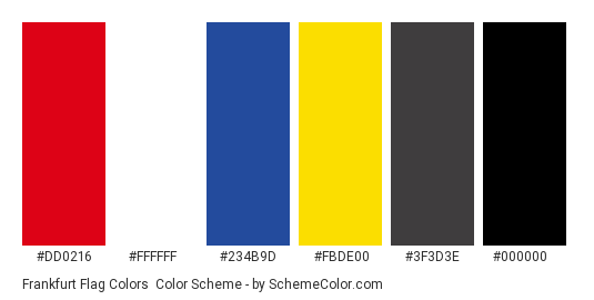Frankfurt Flag Colors - Color scheme palette thumbnail - #dd0216 #ffffff #234b9d #fbde00 #3f3d3e #000000 