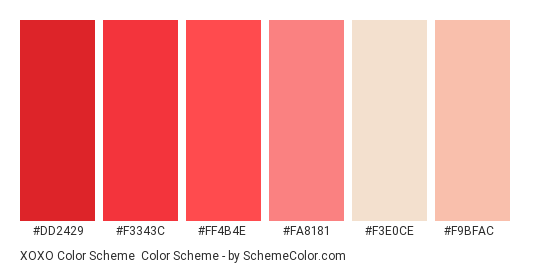 XOXO Color Scheme - Color scheme palette thumbnail - #dd2429 #f3343c #ff4b4e #fa8181 #f3e0ce #f9bfac 