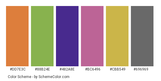Rain or Shine - Color scheme palette thumbnail - #dd7e3c #88b24e #482a8e #bc6496 #cbb549 #696969 