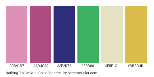Nothing to be Said - Color scheme palette thumbnail - #dd91b7 #ad4c80 #2e2d78 #3db061 #e5e1c1 #dbbd4b 