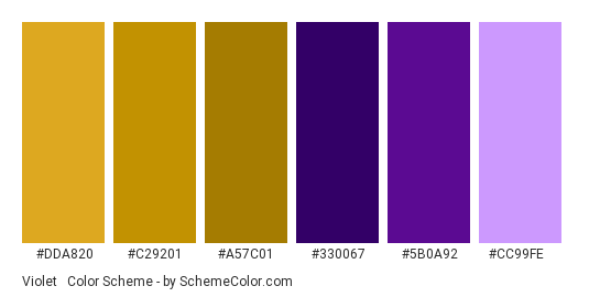 Violet & Gold - Color scheme palette thumbnail - #dda820 #c29201 #A57C01 #330067 #5B0A92 #CC99FE 