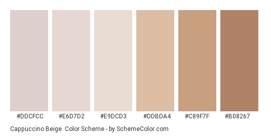 Cappuccino Beige - Color scheme palette thumbnail - #ddcfcc #e6d7d2 #e9dcd3 #ddbda4 #c89f7f #b08267 
