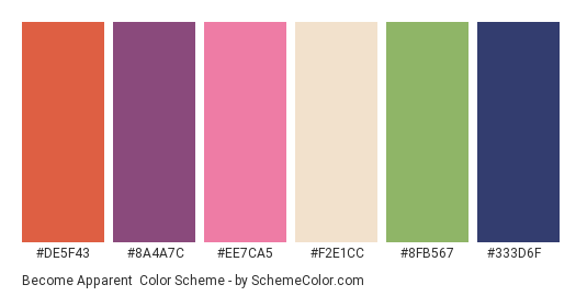Become Apparent - Color scheme palette thumbnail - #de5f43 #8a4a7c #ee7ca5 #f2e1cc #8fb567 #333d6f 