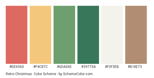 Retro Christmas - Color scheme palette thumbnail - #de6960 #f4c87c #6da06e #39775a #f3f3eb #b18e73 