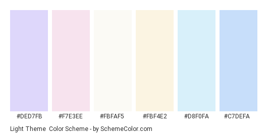 Light Theme - Color scheme palette thumbnail - #ded7fb #f7e3ee #fbfaf5 #fbf4e2 #d8f0fa #c7defa 