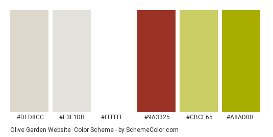 Olive Garden Website - Color scheme palette thumbnail - #ded8cc #e3e1db #ffffff #9a3325 #cbce65 #a8ad00 