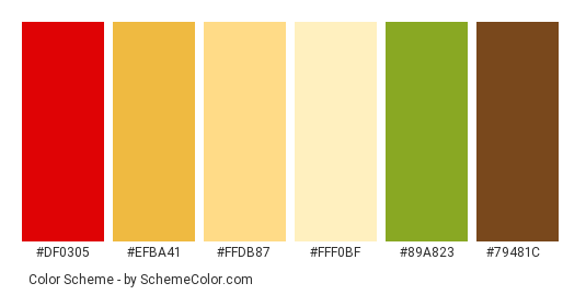Yuletide Spirit - Color scheme palette thumbnail - #df0305 #efba41 #ffdb87 #fff0bf #89a823 #79481c 