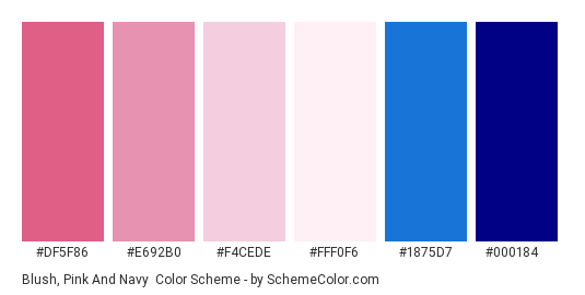 Blush, Pink and Navy - Color scheme palette thumbnail - #df5f86 #e692b0 #f4cede #fff0f6 #1875d7 #000184 