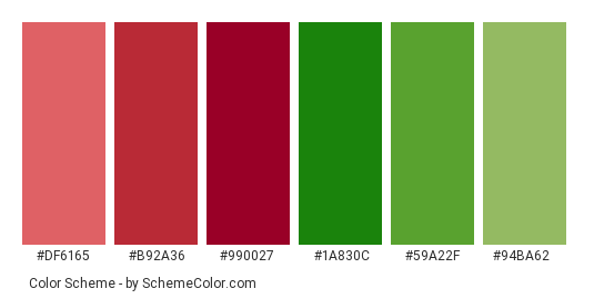 Christmas Red and Green Ornaments - Color scheme palette thumbnail - #df6165 #b92a36 #990027 #1a830c #59a22f #94ba62 
