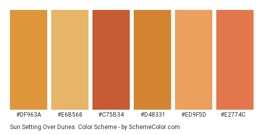Sun Setting over Dunes - Color scheme palette thumbnail - #df963a #e6b568 #c75b34 #d48331 #ed9f5d #e2774c 