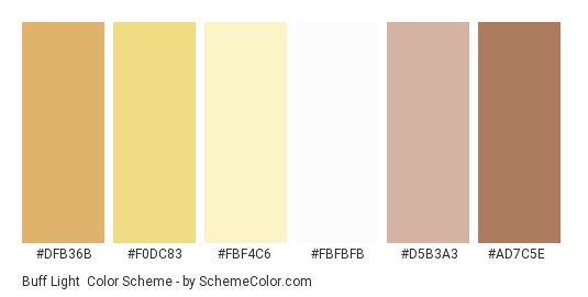 Buff Light - Color scheme palette thumbnail - #dfb36b #f0dc83 #fbf4c6 #fbfbfb #d5b3a3 #ad7c5e 