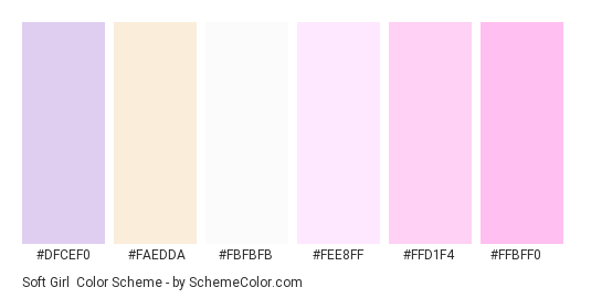 Soft Girl - Color scheme palette thumbnail - #dfcef0 #faedda #fbfbfb #fee8ff #ffd1f4 #ffbff0 