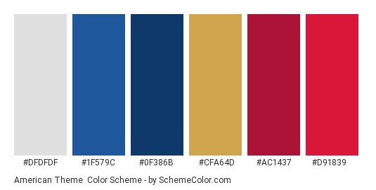 American Theme - Color scheme palette thumbnail - #dfdfdf #1f579c #0f386b #cfa64d #ac1437 #d91839 