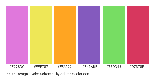 Indian Design #2 - Color scheme palette thumbnail - #e078dc #eee757 #ffa522 #845abe #77dd63 #d7375e 