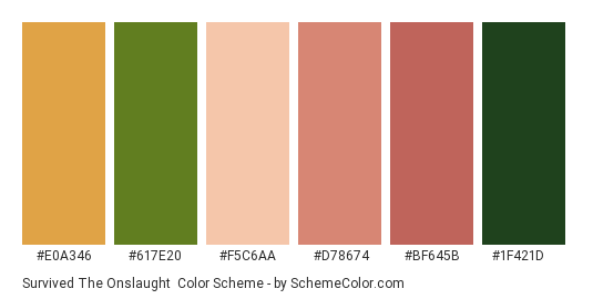 Survived the Onslaught - Color scheme palette thumbnail - #e0a346 #617e20 #f5c6aa #d78674 #bf645b #1f421d 