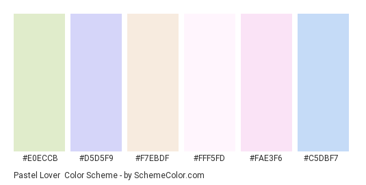 Pastel Lover - Color scheme palette thumbnail - #e0eccb #d5d5f9 #f7ebdf #fff5fd #fae3f6 #c5dbf7 