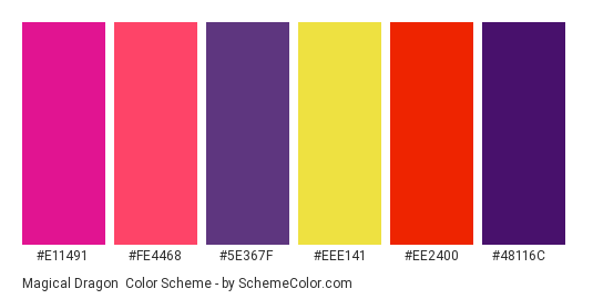 Magical Dragon - Color scheme palette thumbnail - #e11491 #fe4468 #5e367f #eee141 #ee2400 #48116c 