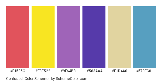 Confused - Color scheme palette thumbnail - #e1535c #f8e522 #9f64b8 #563aaa #e1d4a0 #579fc0 
