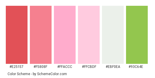 Pink of Spring - Color scheme palette thumbnail - #e25157 #f5808f #ffaccc #ffcbdf #ebf0ea #93c64e 
