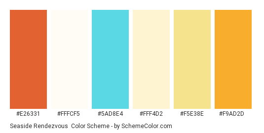 Seaside Rendezvous - Color scheme palette thumbnail - #e26331 #fffcf5 #5ad8e4 #fff4d2 #f5e38e #f9ad2d 