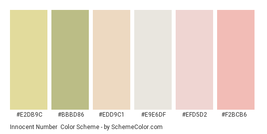 Innocent Number - Color scheme palette thumbnail - #e2db9c #bbbd86 #edd9c1 #e9e6df #efd5d2 #f2bcb6 