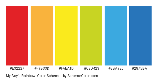 My Boy’s Rainbow - Color scheme palette thumbnail - #e32227 #f9b33d #faea1d #c8d423 #3ba9e0 #2875ba 