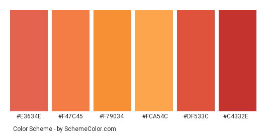 Apricots Colors - Color scheme palette thumbnail - #e3634e #f47c45 #f79034 #fca54c #df533c #c4332e 