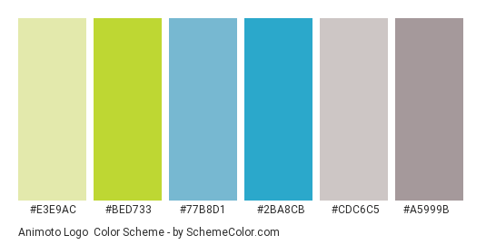 Animoto Logo - Color scheme palette thumbnail - #e3e9ac #bed733 #77b8d1 #2ba8cb #cdc6c5 #a5999b 