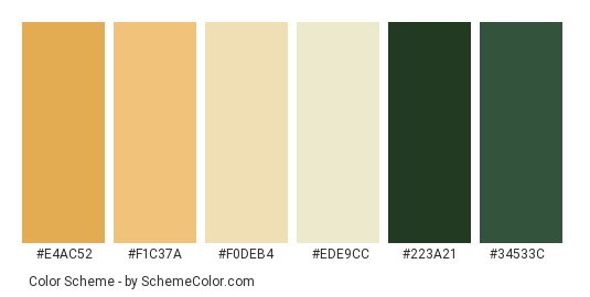 New Bloom - Color scheme palette thumbnail - #e4ac52 #f1c37a #f0deb4 #ede9cc #223a21 #34533c 