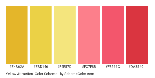 Yellow Attraction - Color scheme palette thumbnail - #e4b62a #ebd146 #f4e57d #fc7f8b #f3566c #da3540 