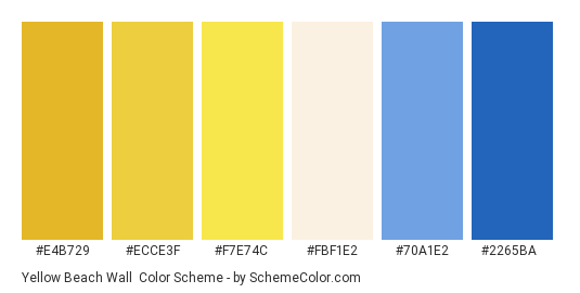 Yellow Beach Wall - Color scheme palette thumbnail - #e4b729 #ecce3f #f7e74c #fbf1e2 #70a1e2 #2265ba 