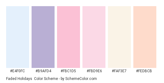 Faded Holidays - Color scheme palette thumbnail - #e4f0fc #b9afd4 #fbc1d5 #fbd9e6 #faf3e7 #fedbcb 