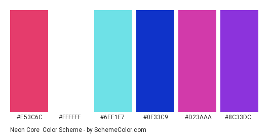 Neon Core - Color scheme palette thumbnail - #e53c6c #ffffff #6ee1e7 #0f33c9 #d23aaa #8c33dc 