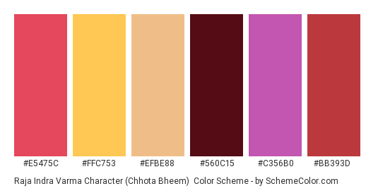 Raja Indra Varma Character (Chhota Bheem) - Color scheme palette thumbnail - #e5475c #ffc753 #efbe88 #560c15 #c356b0 #bb393d 