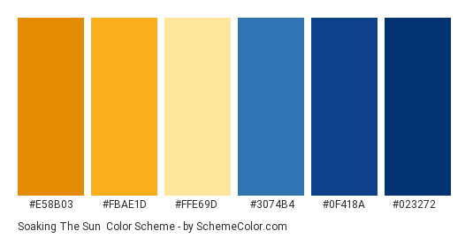 Soaking the Sun - Color scheme palette thumbnail - #e58b03 #fbae1d #ffe69d #3074b4 #0f418a #023272 