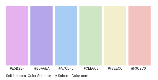 Soft Unicorn - Color scheme palette thumbnail - #e5b2ef #b5a6ea #a7cdf5 #cee6c3 #f3eecc #f3c2c0 
