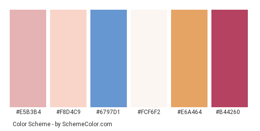 Winter Care - Color scheme palette thumbnail - #e5b3b4 #f8d4c9 #6797d1 #fcf6f2 #e6a464 #b44260 