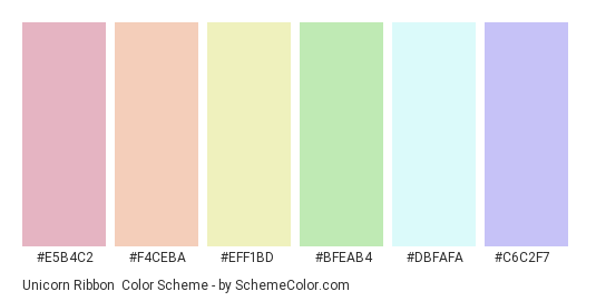 Unicorn Ribbon - Color scheme palette thumbnail - #e5b4c2 #f4ceba #eff1bd #bfeab4 #dbfafa #c6c2f7 
