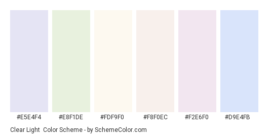 Clear Light - Color scheme palette thumbnail - #e5e4f4 #e8f1de #fdf9f0 #f8f0ec #f2e6f0 #d9e4fb 