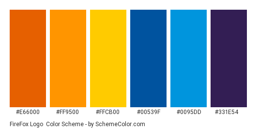 FireFox Logo - Color scheme palette thumbnail - #e66000 #ff9500 #ffcb00 #00539f #0095dd #331e54 