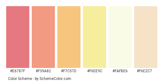 Pink Sunset - Color scheme palette thumbnail - #e6787f #f39a82 #f7c57d #f6ee9c #fafbe6 #f6e2c7 
