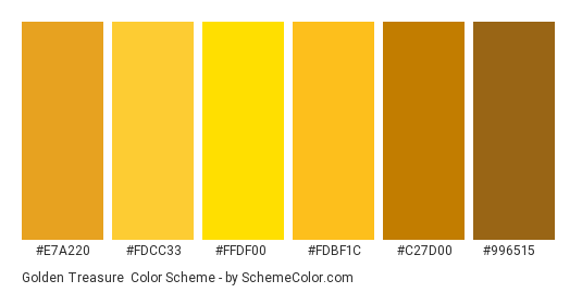 Golden Treasure - Color scheme palette thumbnail - #e7a220 #fdcc33 #FFDF00 #fdbf1c #c27d00 #996515 